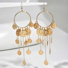 1 par de pendientes colgantes con borlas y discos martillados enlazados, elegantes y creativos, adecuados para viajes, vacaciones, regalos, fiestas y uso diario - Negro - Ver 5