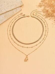 3pcs/Set Minimalist High-End Gold Tone Chain Necklace, Vintage Water Drop Pendant Necklace Jewelry Set, Suitable For Daily Wear, Dates, Parties, Music Festivals, Chain Length Varies - Gold - View 2
