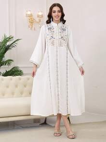 2026 New Style Elegant Embroidered Arabic Dress, Jalabia Collar Long Sleeve Dress, Graceful And Dignified - White - View 5