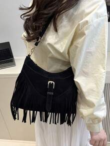 1 Peça Bolsa Transversal Casual Versátil com Zíper Liso, Decoração com Borla em Couro PU Preto, Adequada para Uso Diário de Mulheres - Preto - Visão 5