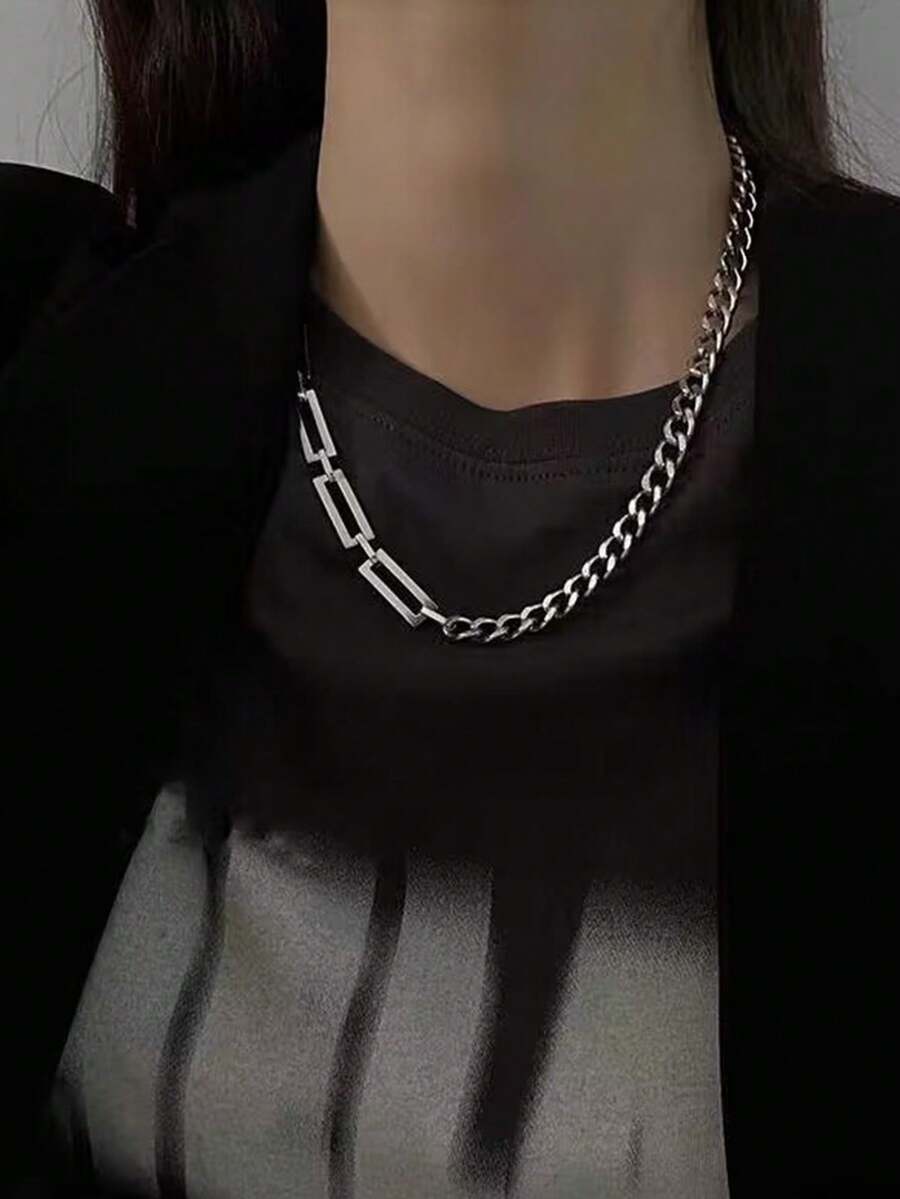 1 chiếc vòng cổ phong cách hiphop nữ, vòng cổ choker thời trang, vòng cổ dây xích kiểu punk , vòng cổ nối rỗng unisex. - Bạc - Xem 1