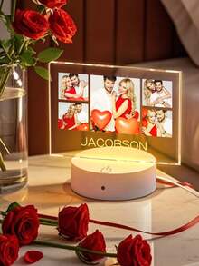 1pc Customized Music LED Night Light, Customized LED Music Plaque With Picture And Wooden Base, Personalized Acrylic Plaque With Song, Customized Picture & Song Light, Music Photo Plaque Gift, Illuminated Music Plaque, Valentine's Day Gift, Couple Gift, Wedding Anniversary Gift, Housewarming Gift, Gift For Boyfriend/Her/Wife/Husband - Family 5 Pictures - View 4