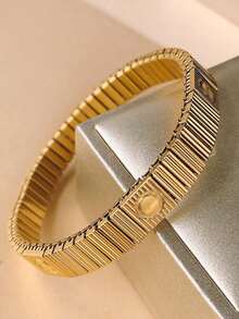 Women's Fashion Elastic Bracelet, Lightweight Luxurious Everyday Commute Accessory, Stainless Steel Elastic Bracelet, 18K Gold Plated Elastic Bracelet - Multicolor - View 1