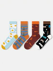 1/4 双男女通用情侣撞色卡通煎蛋、胡萝卜、仙人掌、山树图案艺术设计精梳棉中筒袜，适合旅行、居家、办公、节日礼物 - 彩色 - 查看 2