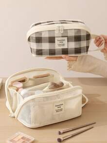 1个格子网眼旅行洗漱包，复古清新风格，高品质多功能透明网眼收纳袋，可爱钱包式整理包，便携式化妆包，带拉链的纸巾盒，女性卫生用品收纳包，多隔层可收纳口红、迷你化妆刷、护肤品等 - 彩色 - 查看 2