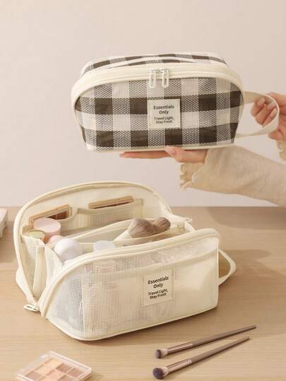 1 st rutig necessär i nät, retro och fräsch stil, högkvalitativ multifunktionell transparent förvaringsväska i nät, söt plånboksliknande organiseringsväska, bärbar kosmetikaväska, pappershållare med dragkedja, organisering av feminina hygienprodukter, flera skiljeväggar för förvaring av läppstift, mini sminkborstar, hudvård