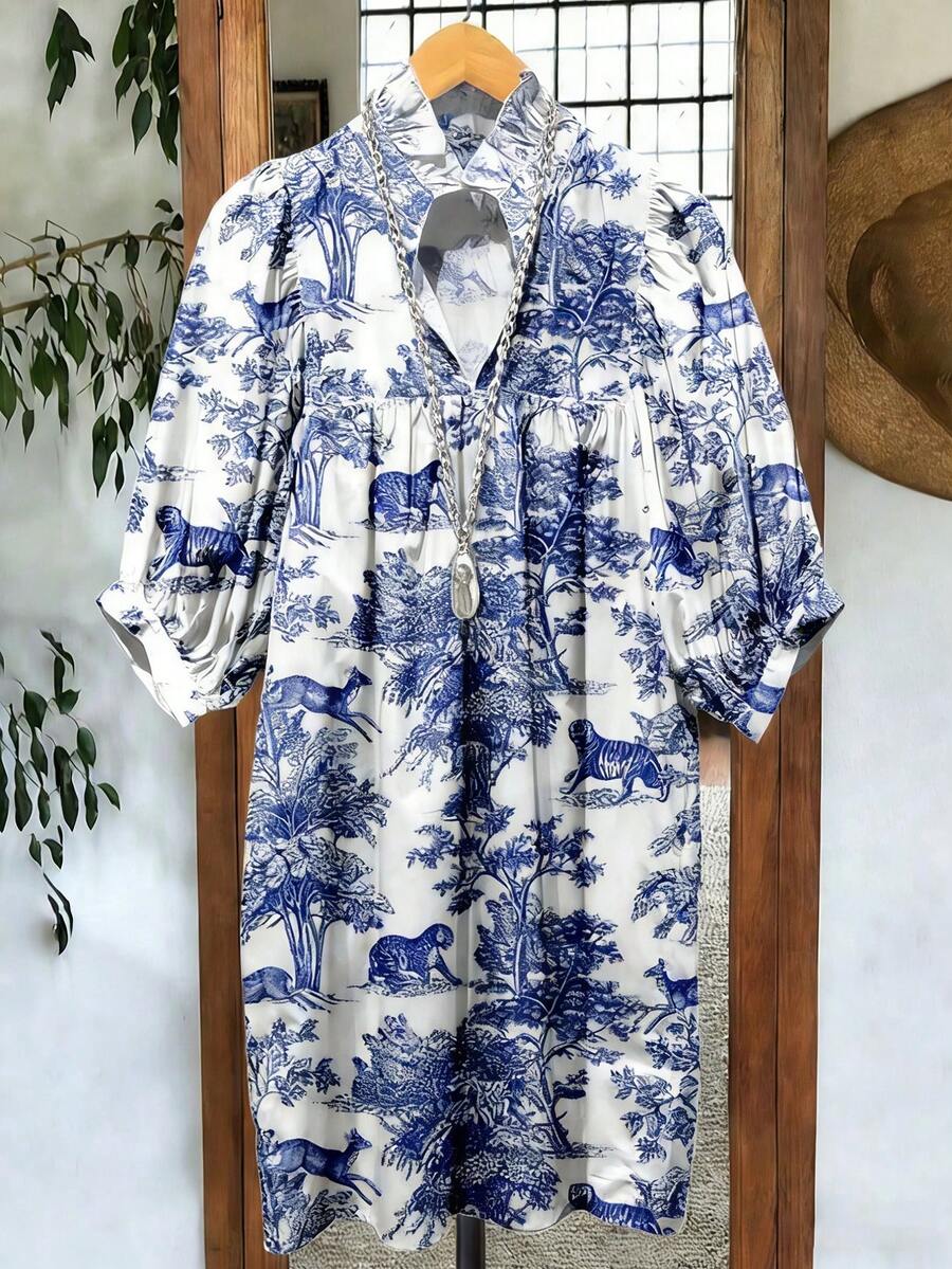 度假风植物动物蓝白瓷器图案休闲舒适V领短袖印花连衣裙，女士优雅款 - 藍白色 - 查看 1
