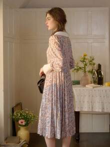 Simple Retro Women's Spring Doll Collar Stitching, Contrasting All-Over Print, Elegant Temperament, Loose Casual Long Dress - Gray Blue - View 2