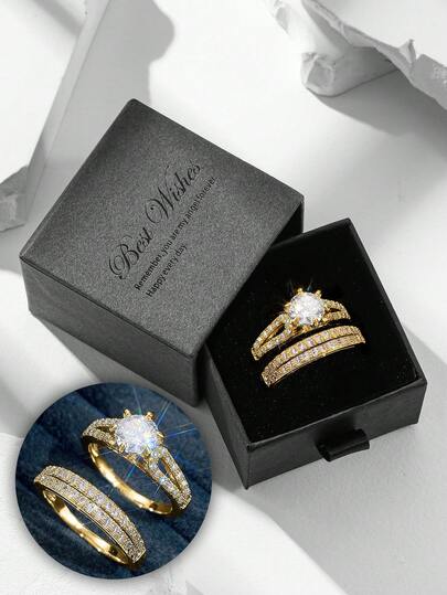 2-delat set eleganta glittrande kubiska zirkoniaringar, exklusiva smycken för kvinnor bröllop, fest, bankett, tillverkade av kopparmaterial, bleknar inte och är allergivänliga, lämplig som present till par eller mamma på helgdagar