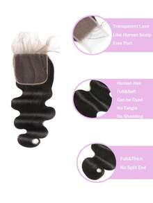 1 Bundle Wavy Human Hair With 4x4 Transparent Lace Closure, Single Bundle Or 3 Bundles With High Quality Human Hair Closure, Free Part, Natural Black Color, 45g Per Bundle - Natural Black - View 4