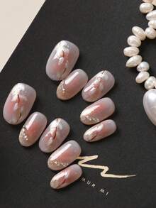 10片亚克力按压式美甲，粉色腮红白色叶子闪光钻石短款假指甲，人造指甲套装，包含1张粘合贴片和1个迷你指甲锉。 - 彩色 - 查看 3