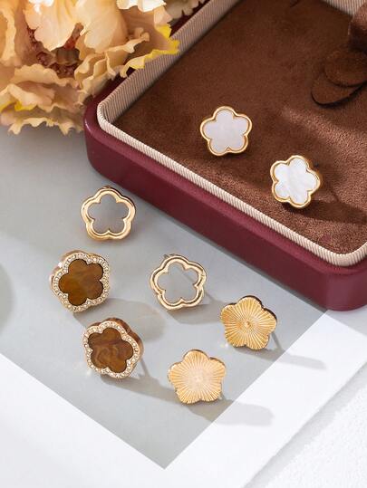 4对经典时尚甜美可爱清新混色镂空四叶草吊坠耳环套装（不含礼盒）