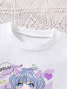 Bộ đồ 2 món cho bé gái tuổi teen: áo tay ngắn in hình hoạt hình và chân váy ngắn. - trắng - Xem 3