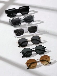 6pcs Men's Metal & Plastic Geometric Frame Fashionable Casual Street Style Glasses, Suitable For Holiday Gifts, Outdoor Vacation Accessories - Bộ ấm trà 6 món màu đen trắng trong suốt - Xem 13