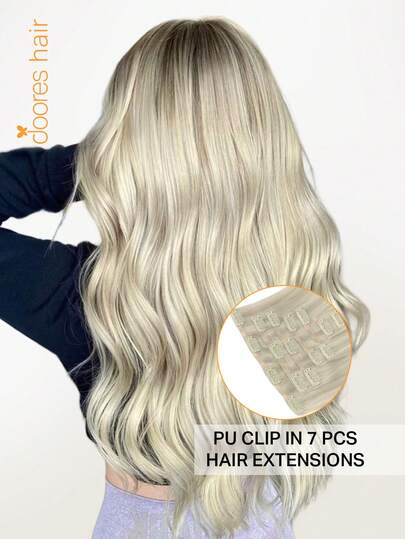 DOORES 无痕 PU 夹 7 片装 110 克真人发接发，灰金色挑染铂金色，100% 真人发，隐形舒适，自然融合，轻盈舒适。梦幻秀发，优质原生发接发，适合女性和女孩日常佩戴，易于佩戴，Remy 真人发接发，魅力优雅，休闲度假装扮，角色扮演，校园运动度假旅行节日舞会户外角色扮演。
