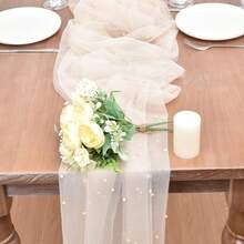 1入組桌布，28吋 x 118吋 (72cm x 300cm) 珍珠網紗桌布，適用於婚禮拱門裝飾、浪漫晚餐裝飾、婚禮、節日和生日派對裝飾用品 - 白色 - 查看 6