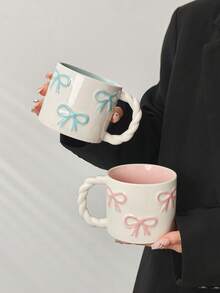 1 件创意 3D 蝴蝶结形陶瓷杯，带编织手柄，高品质咖啡/牛奶杯，可微波炉加热，送给女朋友的完美礼物，可爱的少女粉色水杯 - 彩色 - 查看 10