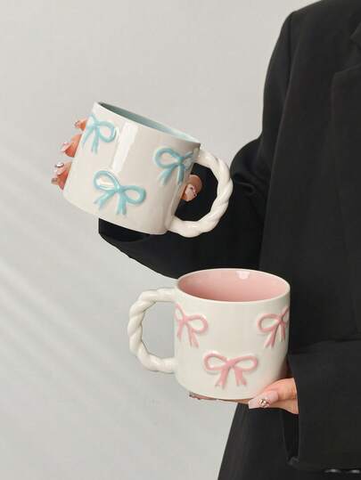 1pc Creative 3D Bow Shaped Ceramic Mug With Braided Handle, High-Quality Coffee/Milk Cup, Microwave Friendly, Perfect Gift For Girlfriends, Cute Girly Pink Water Cup