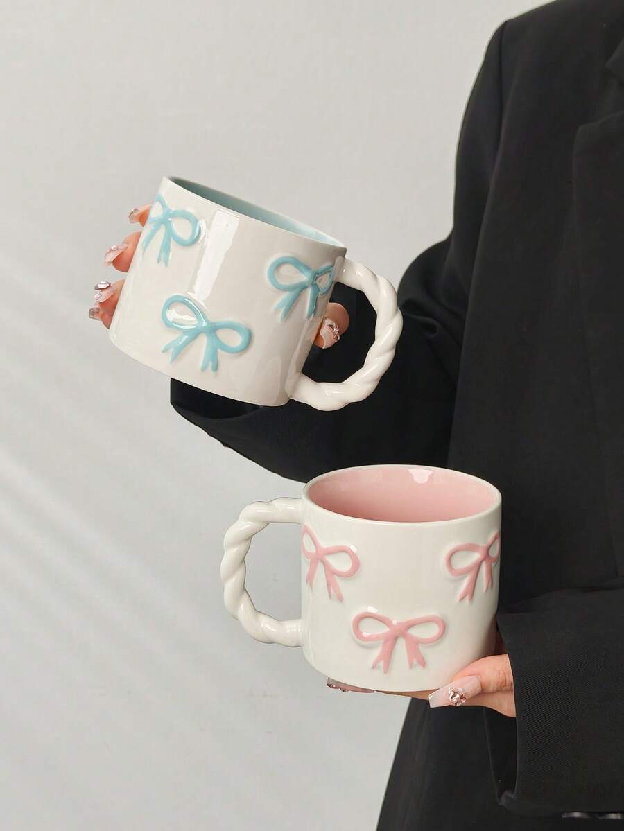 1pc Creative 3D Bow Shaped Ceramic Mug With Braided Handle, High-Quality Coffee/Milk Cup, Microwave Friendly, Perfect Gift For Girlfriends, Cute Girly Pink Water Cup