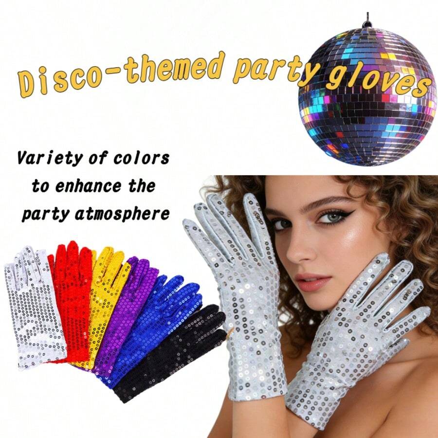 5 peças/1 peça Luvas Retrô com Lantejoulas Inspiradas nos Anos 70, 80 e 2000, Unissex - Ótimas para Cosplay Vintage, Festas com Tema Disco e Comemorações Retrô - Multicolorido - Visão 1