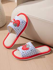 女士休闲丝绒刺绣草莓图案家居拖鞋，秋冬季 - 藍色格子草莓 - 查看 3