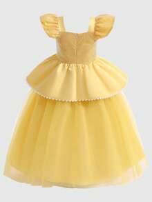 Young Girl Yellow Floral Mesh & Sequin Embellished Princess Party Dress - Multicolor - View 2