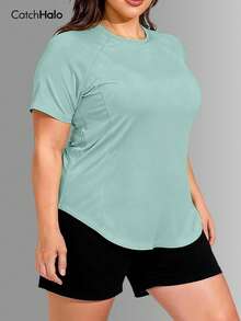 大码女式透气弹力休闲修身运动T恤，适合健身、运动和日常穿着 - 薄荷藍 - 查看 4