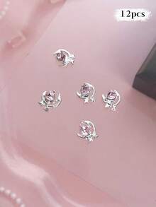 12/240件粉色系列金属美甲饰品：心形、行星、月亮、十字架、蝴蝶结、泰迪熊、星光、水钻银色美甲装饰，奢华金属美甲用品，闪亮粉色水晶美甲宝石，适用于多功能DIY美甲配件 - 彩色 - 查看 22