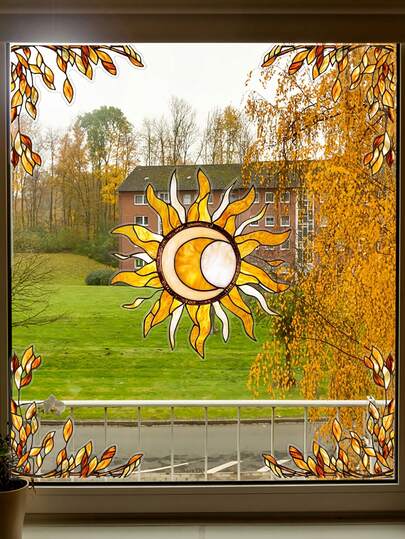 日月图腾图案可移除彩色静电吸附玻璃贴纸家用窗膜时尚窗膜