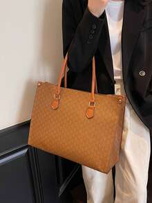 Retro Large Capacity Tote Bag, PU Leather Texture Shoulder Bag, Casual Multi-Purpose Commuter Bag - Brown - View 3