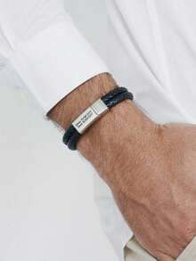 1pc Personalized Name Engraved Leather Cord Bracelet, Black Braided Leather Cord Letter Custom Wristband, Gift For Dad, Father's Day, Handmade Custom Gift, Birthday Gift, Christmas Gift - Multicolor - View 11