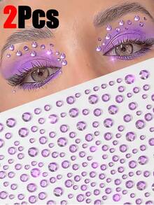 2pcs Purple Face Glitter Rhinestone Stickers, Suitable For Rave Parties, Makeup, Crystal Decoration, Y2K Style, Music Festival DIY Eye & Face Gems, Valentine's Day GiftValentine's Day Gift For Her KM91 - 紫色 - 查看 3