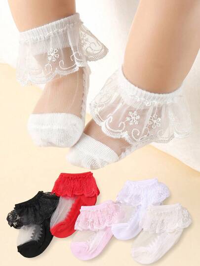 5 Pairs Baby Lace Socks. These Adorable Princess-Style Socks Are Suitable For Infants, Comfortable And Breathable For Summer, And Also A Fashionable Choice For Baby Girl Birthday Parties. Baby Socks, Newborn Socks, Toddler Socks.