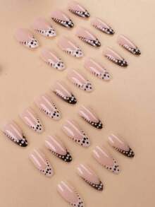 24pcs Almond-Shaped Nail Stickers, Shiny Polka Dot French Manicure Style, Minimalist & Elegant, Reusable, Suitable For Women's Daily Life And Travel - 多色 4 - 查看 5