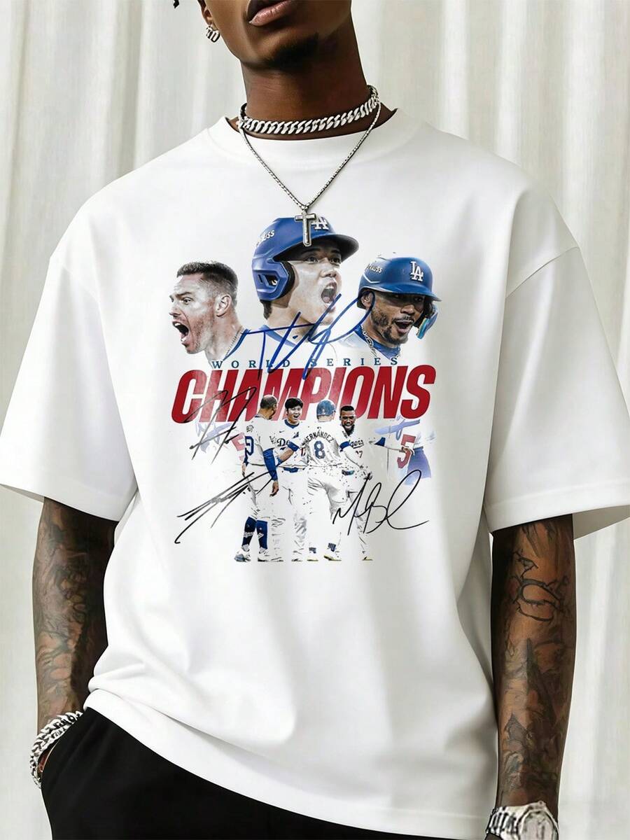 | Dodgers T-Shirt | LA Letter Print | Must-Have Game Support T-Shirt For Baseball Fans | Breathable, Sweat-Wicking, And Cool, Perfect For Playing Baseball | Pure Cotton, Skin-Friendly, Digital Print, Baseball Style, Men's Casual T-Shirt, Sportswear Design, Urban Apparel, Men's Everyday Casual Top, Machine Washable - Trắng 5 - Xem 1