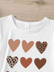 Young Girl Heart Print Short Sleeve T-Shirt And Solid Color Shorts With Waist Tie - Yellow - View 4