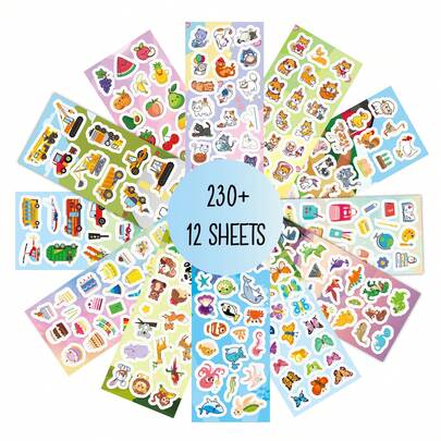 230pcs Kids Sticker Set, Cute Food, Animal, Transportation Stickers For Scrapbooking, Envelopes, Cards, Cups, Luggage, Diaries, Magazines, Planners, Crafts, Gifts For Friends, Birthday/Holiday, Back To School, Stationery