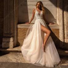 Elegant Sexy V Neck High Slit Lace Appliqué A Line Tulle Formal Wedding Dress,Registry Office Dresses Bridal Gown,Evening Party Dress Birthday Party Dress Country Wedding,Romantic Church Ceremony Wedding Dress,Suitable For Wedding,Dating,Party,Singles' Party,Vacation,Formal Occasions,Dinner Dress,Prom Dress,Homecoming Dess,Cocktail Party,Wedding Guest Dress,Graduation - 白色 - 查看 5
