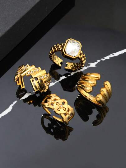 4 piezas Elegante brazalete de acero inoxidable de color dorado con forma de ala geométrica y cristales de mujer, adecuado para uso diario, festivales, citas, regalos