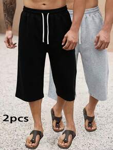 2件裝男士夏季休閒短褲－彈性腰帶附抽繩，透氣寬鬆運動款 - 彩色 - 查看 3