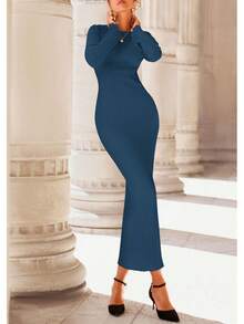2026 Women's Fall Winter Bell Sleeve Crew Neck Ribbed Knit Bodycon Sweater Maxi Dress - 深藍色 - 查看 4