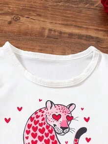 Bộ 2 món cho bé gái, áo thun in hình trái tim và da báo cùng chân váy kẻ sọc, trang phục mùa hè ngọt ngào. - trắng - Xem 4
