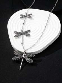 1件复古不对称蜻蜓吊坠项链，时尚珠宝配饰，女士礼物 - 銀色 - 查看 4