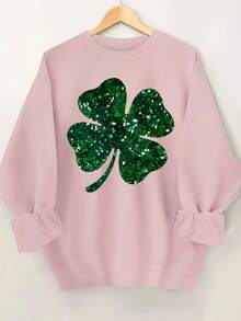 Women's St. Patrick's Day Sweatshirt With Shiny Four-Leaf Clover Print, Round Neck Sweatshirt, Suitable For Daily Casual Wear, Combining Fashionable Print And Comfortable Neckline.Loose And Comfortablevalentines Sweatshirts - 杏色 - 查看 10