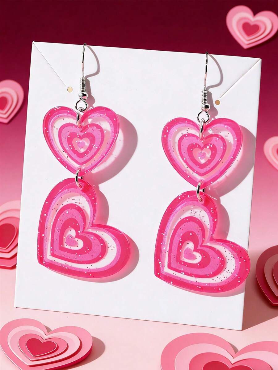 زوج من الأقراط الاكريليك بشكل قلب مناسبة للاستخدام اليومي للنساء في عيد الحب - روز أحمر - مشاهدة 1