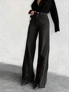 少女高腰修身休闲牛仔裤，带斜插口袋 - 黑色 - 查看 5