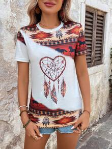 Women's Casual Round Neck Retro Printed Short Sleeve T-Shirt - Multicolor - View 2