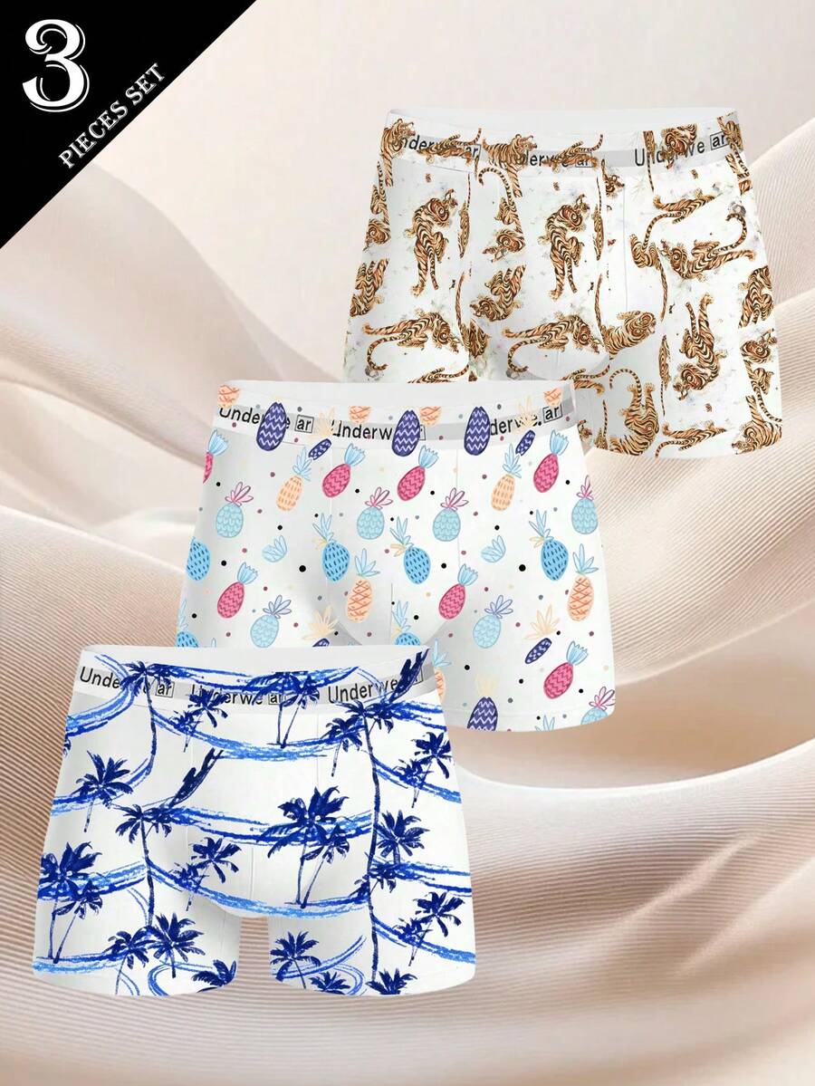 3pcs Men's Black All-Over Allover Print Boxer Briefs, Elastic Everyday Underwear - Black - View 1