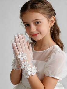 1 Pair Children's Satin Elastic Pearl Bow Fingerless Gloves - Multicolor - View 1