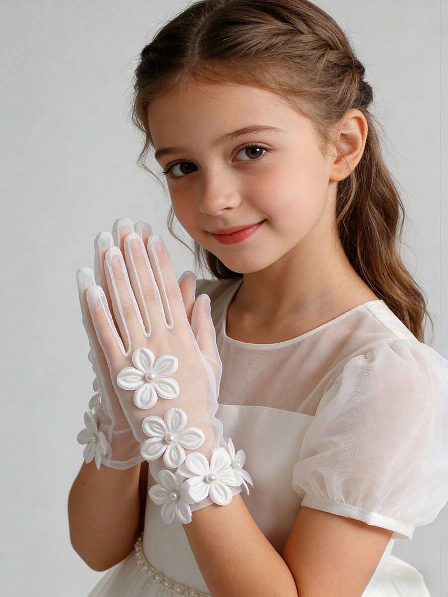 1 Pair Children's Satin Elastic Pearl Bow Fingerless Gloves - Multicolor - View 1